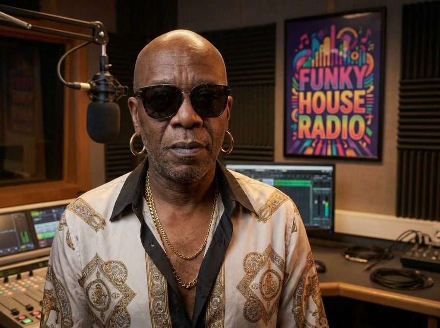 Hank Morrison in the studio, dark glasses, patterned shirt